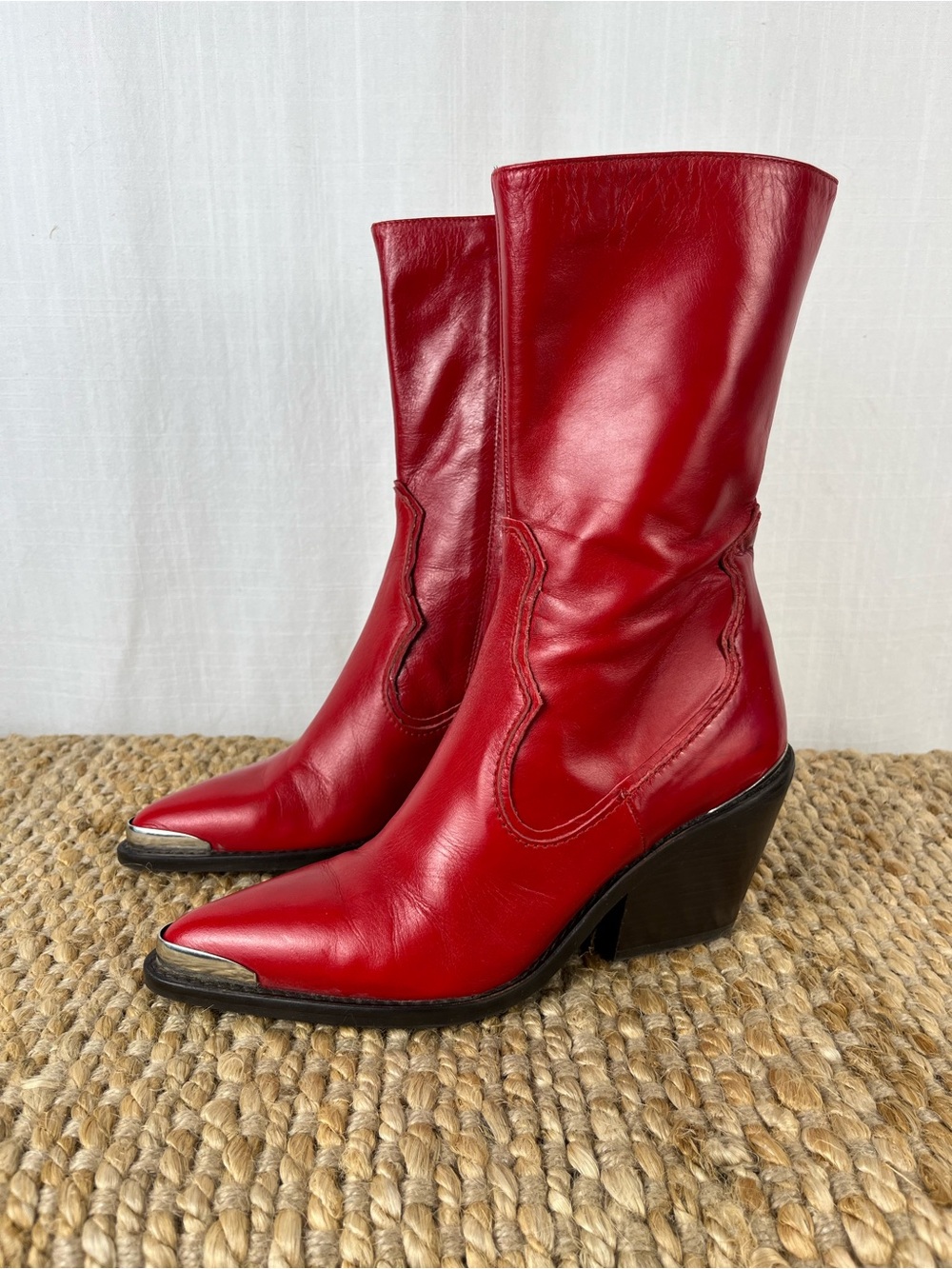 Zara Red Leather Pointed-Toe Western Heeled Boots